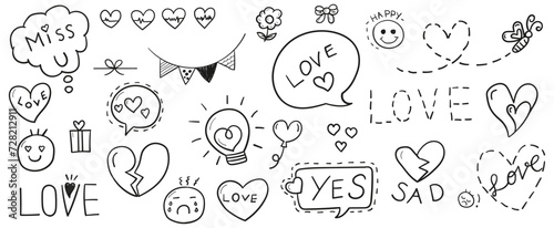 Hand drawn line doodles vector design elements set of bow, bell, gift box, heart, balloon, flower, love emoticon. Love concept illustration.
