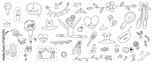 Foto Hand drawn line doodles vector design elements set of ballerina girl, ballet dress, pointe shoes, crown, hand mirror, diamond ring, makeup powder, stage