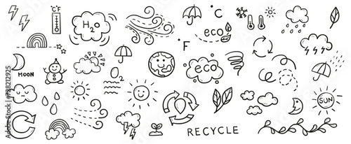 Hand drawn line doodles vector design elements set of ecology, storm, sunny, rainy, windy, temperature, moon, rainbow, sun, earth . Eco and weather elements concept illustration. photo