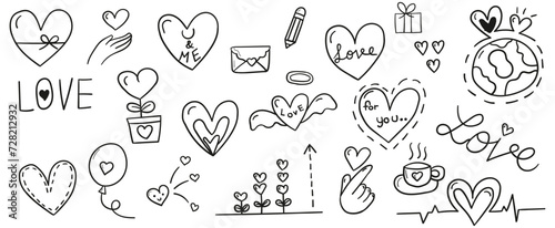 Hand drawn line doodles vector design elements set of hearts  love balloon  love letter  bow  love word  flower pot. Love concept illustration.