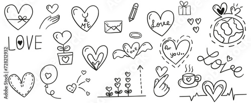 Hand drawn line doodles vector design elements set of hearts, love balloon, love letter, bow ,love word, flower pot. Love concept illustration.