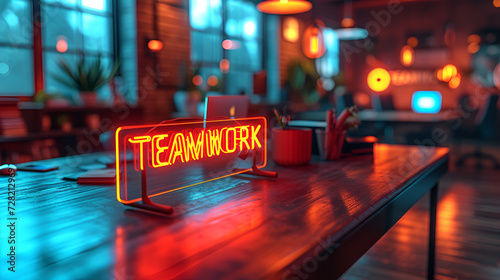 Neon “TEAMWORK” sign inside modern office - motivational - Teambuilding - design and decor - corporate slogan