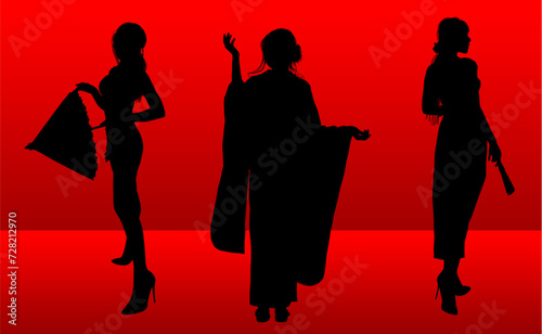 silueta, mujer, japonesa, abanico, pose, pegatina