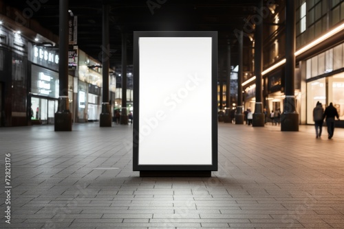 Digital media blank black and white screen modern panel signboard for advertisement design in shopping centre gallery, mock-up with blurred background, digital kiosk