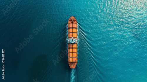 An aerial shot of a cargo ship navigating through calm blue waters accompanied by a statement about the importance of minimizing pollutants and emissions in the shipping industry.