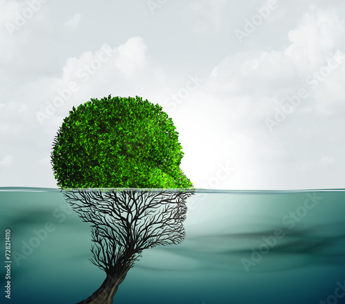 Fototapeta Naklejka Na Ścianę i Meble -  Hidden Anxiety and secret anxieties as concealed mental health issues as a psychology concept as medical symptoms diagnosis as a submerged tree head.