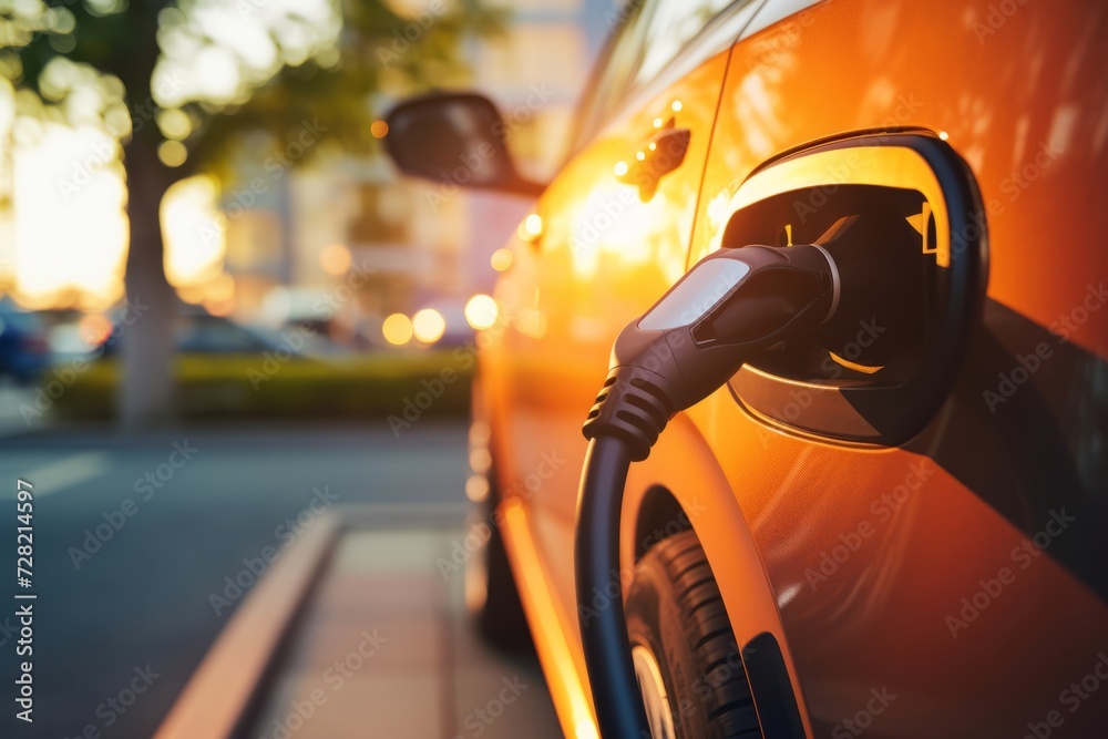 Car charging of electrical vehicle, close-up view Car charging of electrical vehicle, close-up view