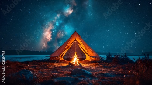 tent camp with campfire on the forest with beautiful night sky milkyway 