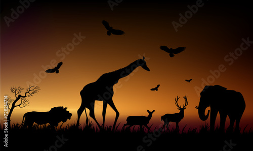 An African safari silhouette animal on sunrise  sunset landscape scene vector illustration nature background.