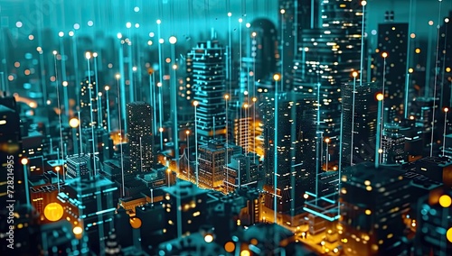 Futuristic cityscape illuminated with digital technology and neon lights modern urban panorama of skyscrapers and connected networks abstract concept represents pulse of smart city at night