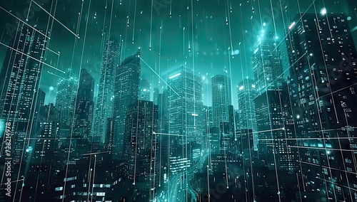 Futuristic cityscape illuminated with digital technology and neon lights modern urban panorama of skyscrapers and connected networks abstract concept represents pulse of smart city at night photo