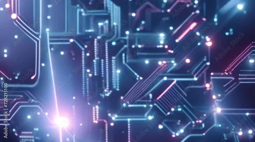Complex circuit board with multilayered electrical pathways and glowing nodes, representing high-tech electronics and sophisticated data processing technology in a blue hue, horizontal video Complex circuit board with multilayered electrical pathways and glowing nodes, representing high-tech electronics and sophisticated data processing technology in a blue hue, horizontal video