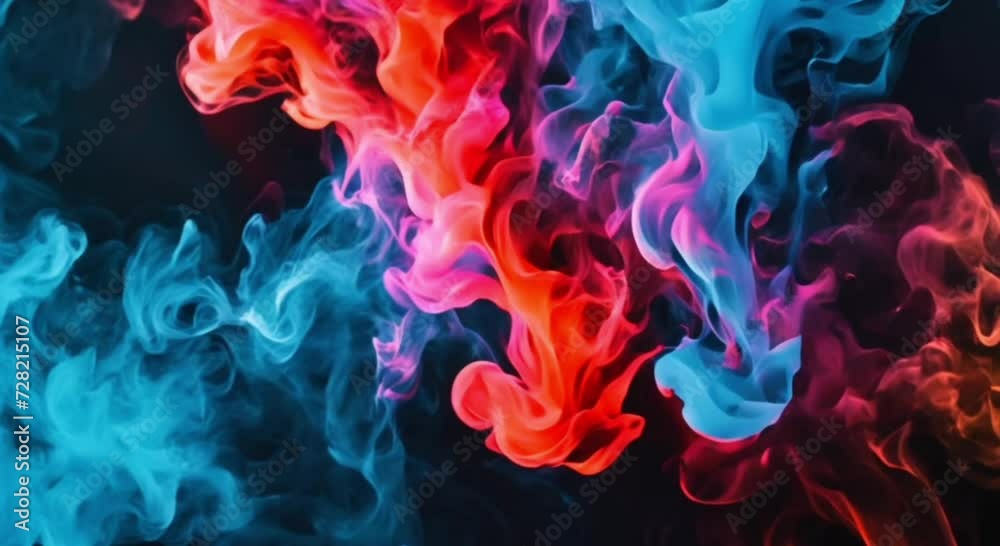 Abstract swirls of blue and red smoke intertwining in a dynamic dance of colors against a dark background, representing contrast and fluidity, horizontal video Abstract swirls of blue and red smoke intertwining in a dynamic dance of colors against a dark background, representing contrast and fluidity, horizontal video