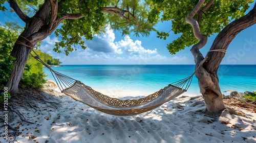 Hammock Tied Between Two Trees on the sandy tropical Beach, perfect for summertime travel, and vacation themes.