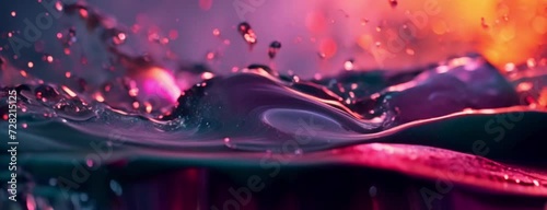 Close-up of vibrant water droplets splashing on a surface, with a warm, orange and red bokeh background creating a dynamic and colorful scene, horizontal video photo