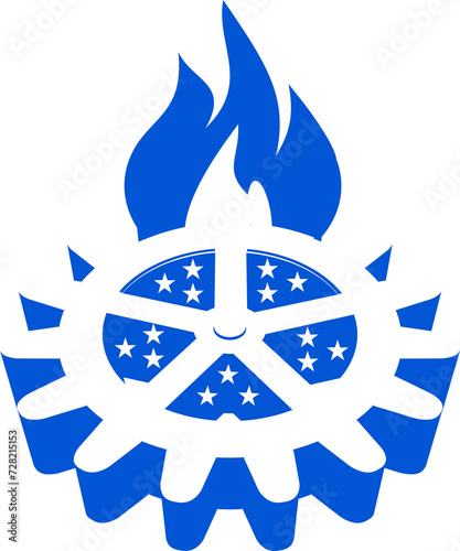 gear and fire logo in blue