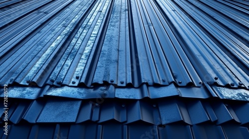blue corrugated metal roof with rivets industrial background.Generative AI