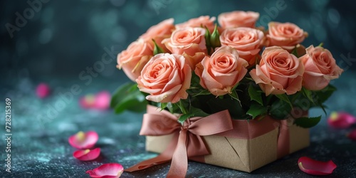 a beautiful bouquet of roses in a gift box with a satin ribbon