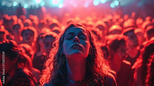 A woman with a pained expression surrounded by a large crowd at a concert. photo