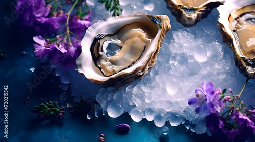 Fresh oysters with lemon caviar and ice. Restaurant photo