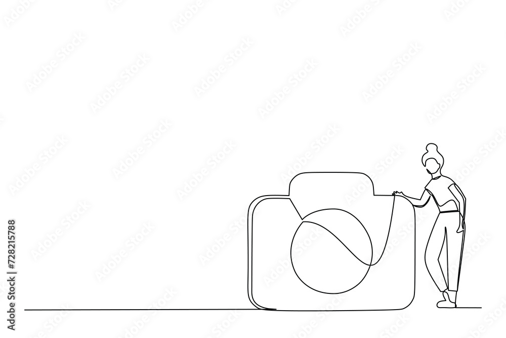 Continuous line drawing of a woman netxt to a DSLR photo camera and ...