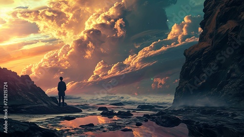 A solitary figure stands on a rocky shoreline facing a dramatic ocean scene. The individual is gazing towards the horizon where large, turbulent waves meet a vibrant, cloud-filled sky. The sun is sett