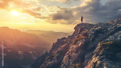 A person stands on the edge of a rugged cliff overlooking a vast mountainous landscape. The sun is setting (or rising) in the background with its soft rays spilling over the scene, creating a warm glo photo