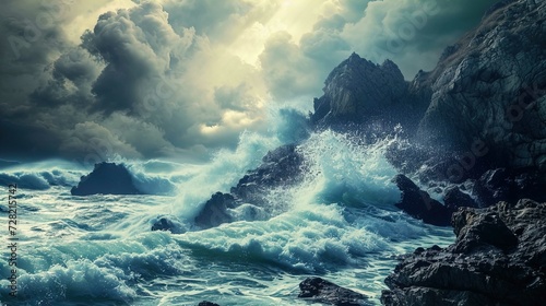 Dramatic seaside landscape showing tumultuous sea waves crashing against rugged cliffs under a moody sky. Rays of sunlight beam through breaks in the dark, heavy clouds, highlighting the spray and foa