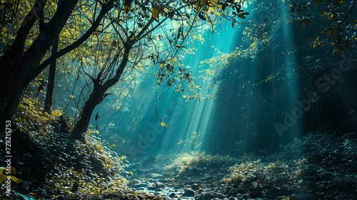 This is a serene and mystical forest scene where beams of sunlight filter through the canopy, casting ethereal rays across the woodland. The foliage appears lush with various shades of green and hints