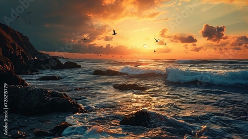 A scenic sunset over a rugged coastline with waves crashing onto the shore. The glow of the setting sun casts a warm golden light across the sky, which is partly cloudy, reflecting off the water's sur