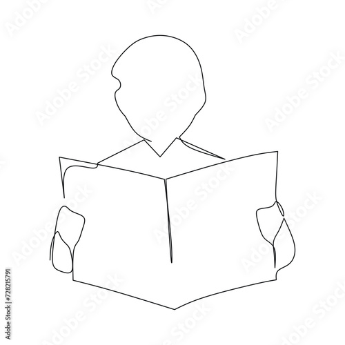 One continuous line drawing of young happy business man holding reads newspaper or tabloid headline news at hotel lobby. Hand draww style design vector illustration