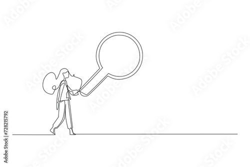 Continuous one line drawing businesswoman standing holding giant magnifier to searches, analyzes, finds all the necessary data. Single line draw design vector illustration
