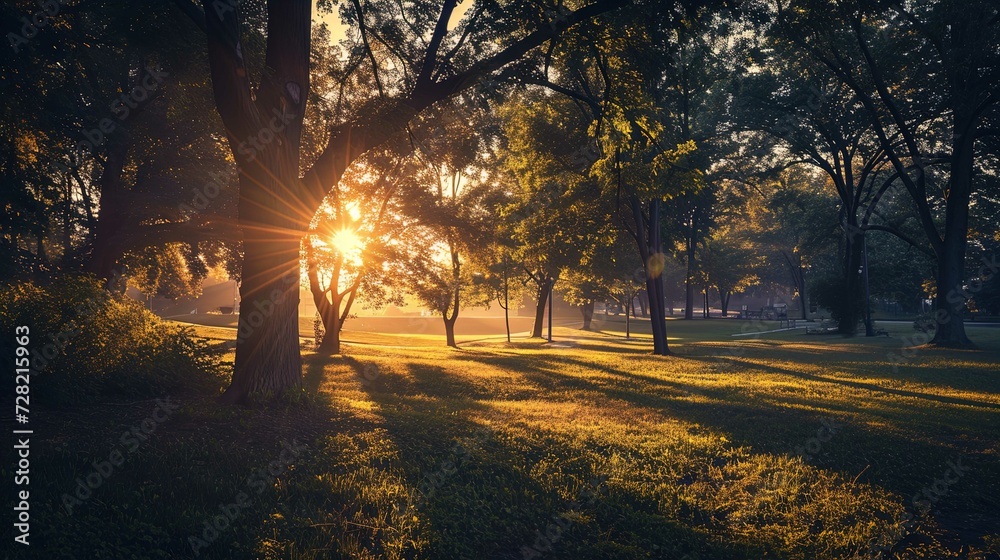 An idyllic park landscape bathed in the warm glow of a setting or rising sun, which casts a golden light and long shadows over the scene. Lush green trees with full canopies are scattered throughout t