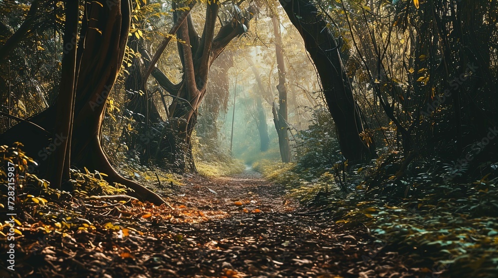 The image captures a serene forest path densely surrounded by trees and ...