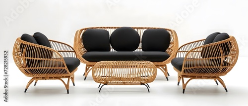Modern Set of wicker rattan furniture with black cushions Isolated on White. Interior design. Weave Rattan armchair. front View. photo