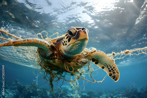 Turtle get stucked in the net. Save oceanlife, dont leave the trash to the ocean, turtle, octopus, diver found trash © Pattanan