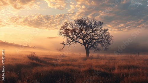 A serene landscape is captured during what seems to be the golden hour, with the sun's soft light bathing the scene in a warm glow. A solitary, leafless tree stands majestically in the center, its spr