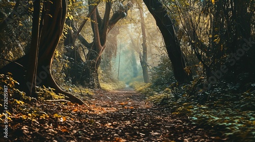 The image captures a serene forest path densely surrounded by trees and foliage. The trees have thick trunks, some with buttress roots, indicating a potentially tropical or subtropical environment. Su