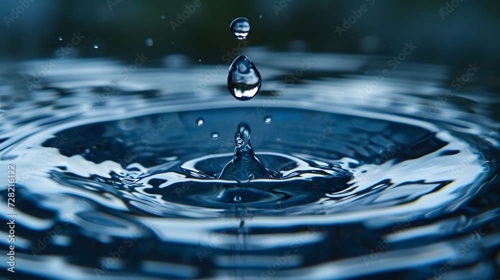 Close up Water droplest splash with ripples create circular waves. isolated on blur background. view from side.	