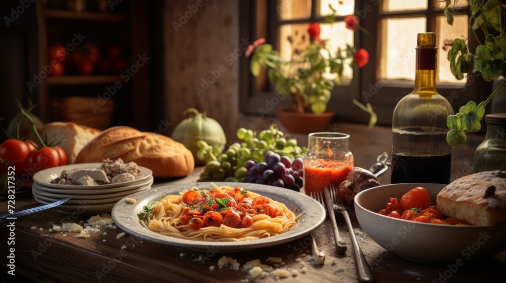 Italian spaghetti pasta with tomato sauce, grapes, tomatoes, homemade bread on wooden table in cozy kitchen in rustic house. Italian traditions.