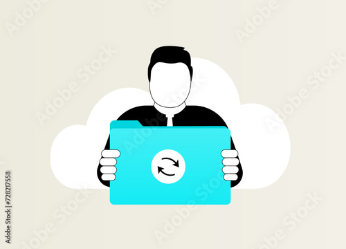 Cloud file synchronization. Illustration of man holding computer folder with sync icon. Seamless cloud storage data syncing for enhanced productivity. Vector concept illustration isolated on white