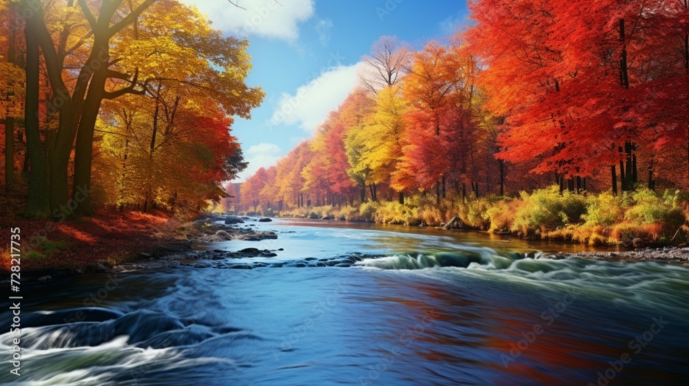 A peaceful river meandering through a colorful autumn forest