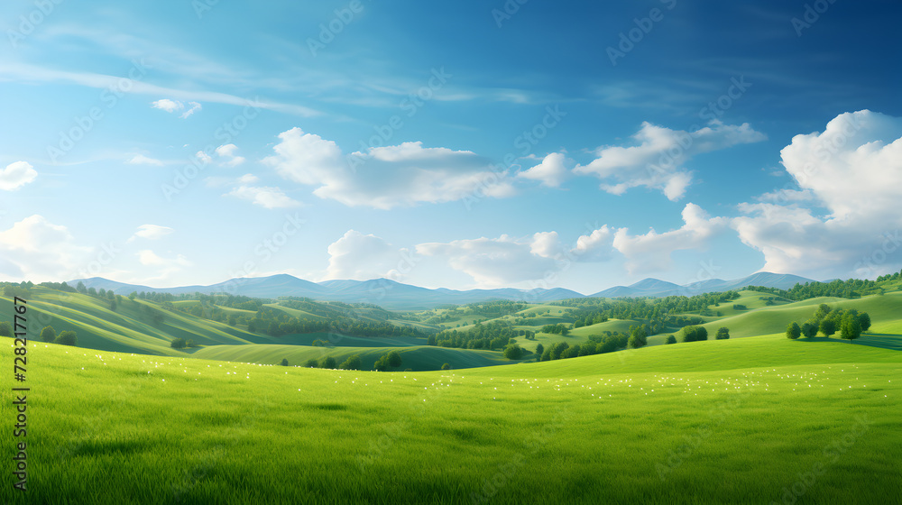 Green meadow on a hilly landscape. Wide photo