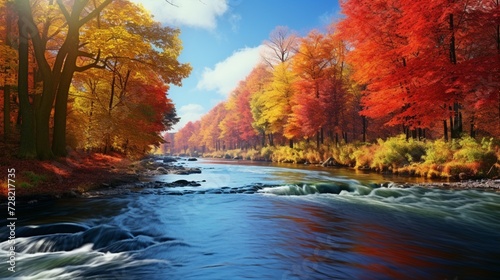A peaceful river meandering through a colorful autumn forest © Jigxa