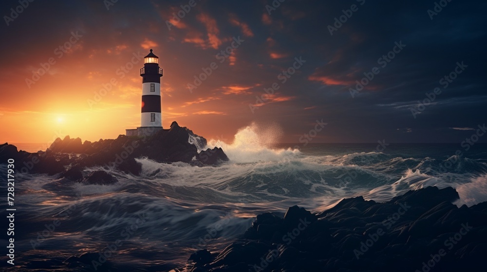A solitary lighthouse with waves crashing against the rocks at twilight