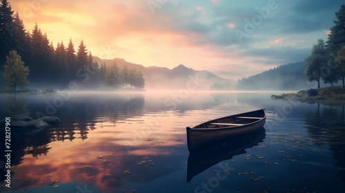 A serene view of a misty lake at dawn, with a canoe on calm water