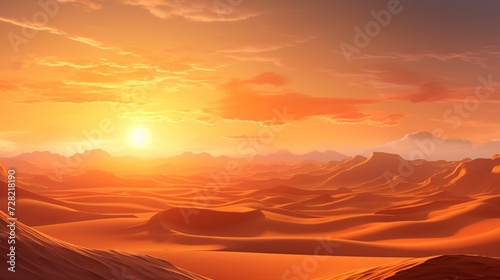 A vast desert with rippling sand dunes under a blazing sunset
