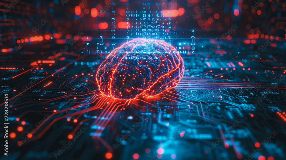 Digital brain interface with neural network illustration over a circuit board, symbolizing advanced artificial intelligence and machine learning technology in a vibrant red and blue setting.