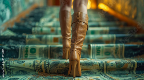 Female legs in golden boots on the background of dollar banknotes
