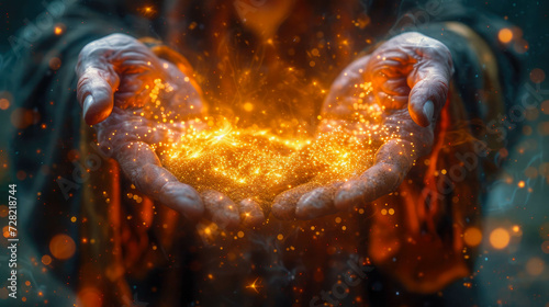 Hands of a young woman in the form of a circle with sparkles and fire